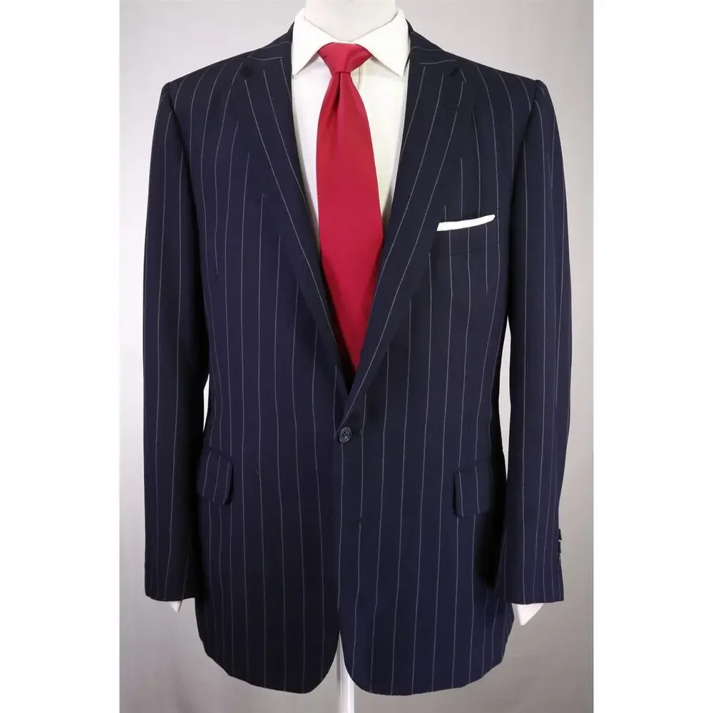 Leonard Logsdail Savile Row Bespoke Navy Blue Chalkstripe 2-Btn Wool Suit 42R